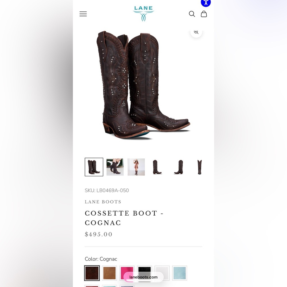 NEW Lane Cossette Cognac Dark Brown Western Boots studded braided blue sole
